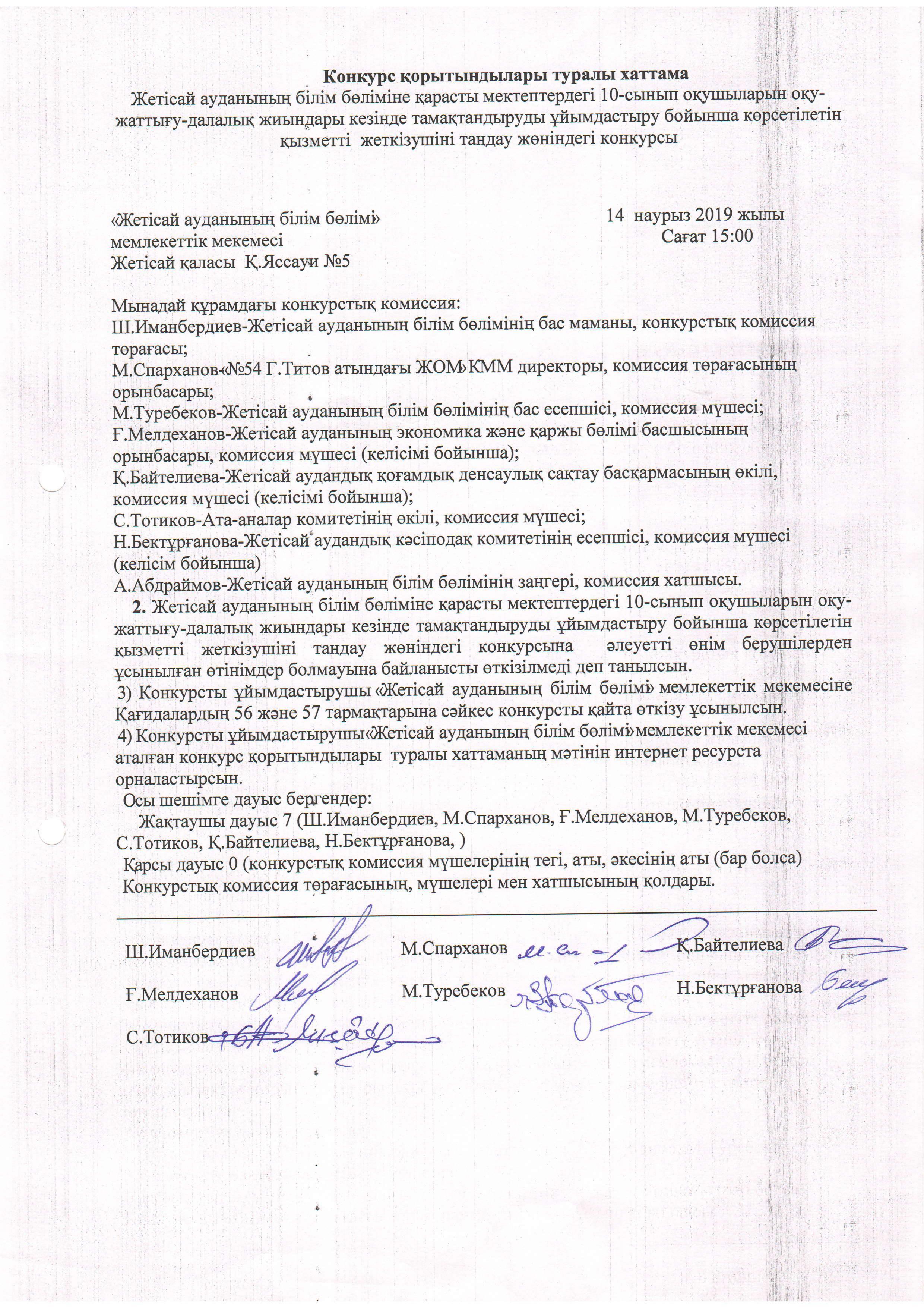 Конкурс қорытындылары туралы хаттама